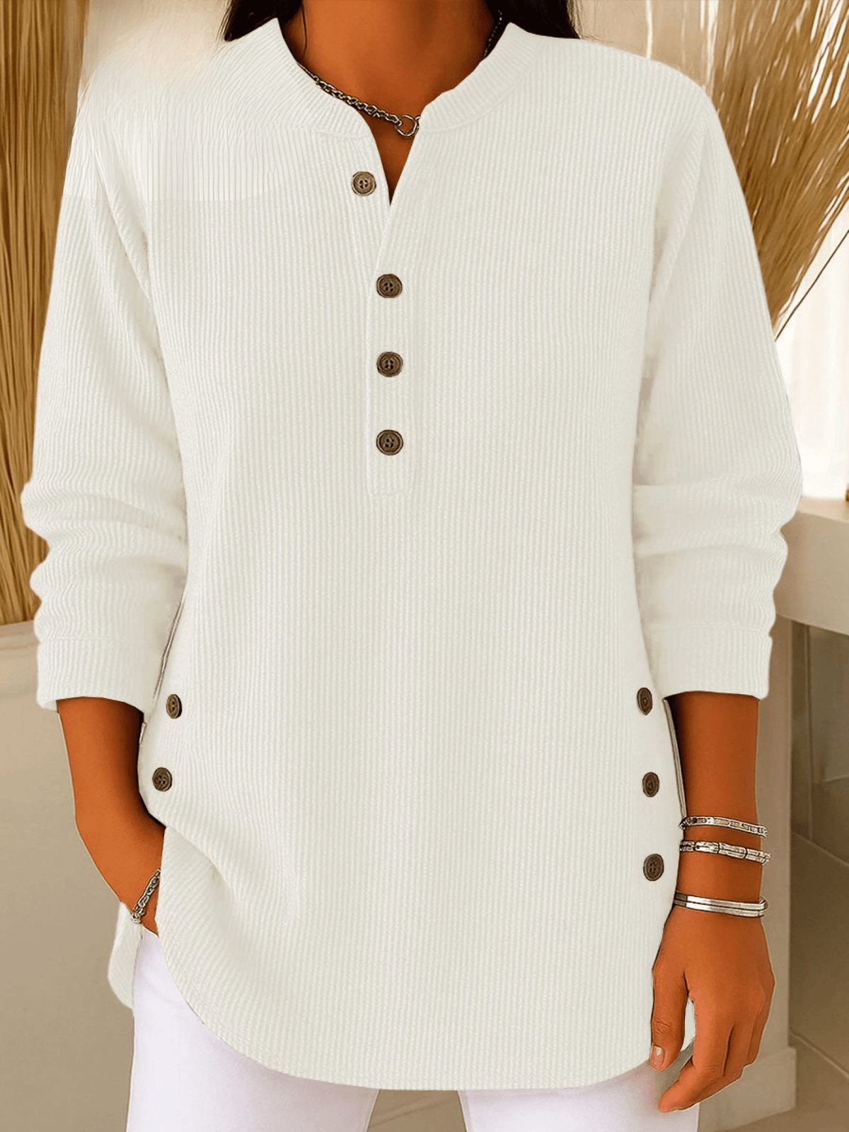 Women's Ribbed Tunic Top Henley Neckline Side Button Detail Casual Everyday