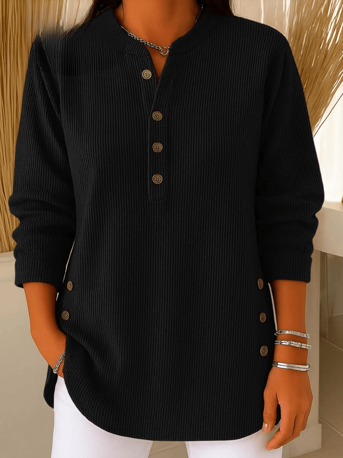 Women's Ribbed Tunic Top Henley Neckline Side Button Detail Casual Everyday