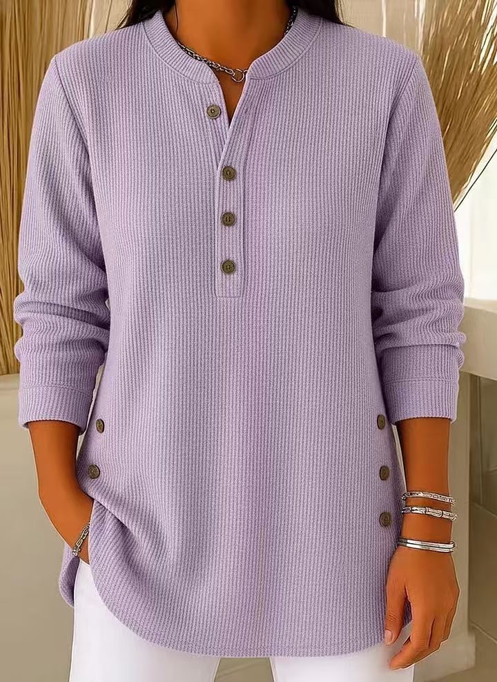 Women's Ribbed Tunic Top Henley Neckline Side Button Detail Casual Everyday