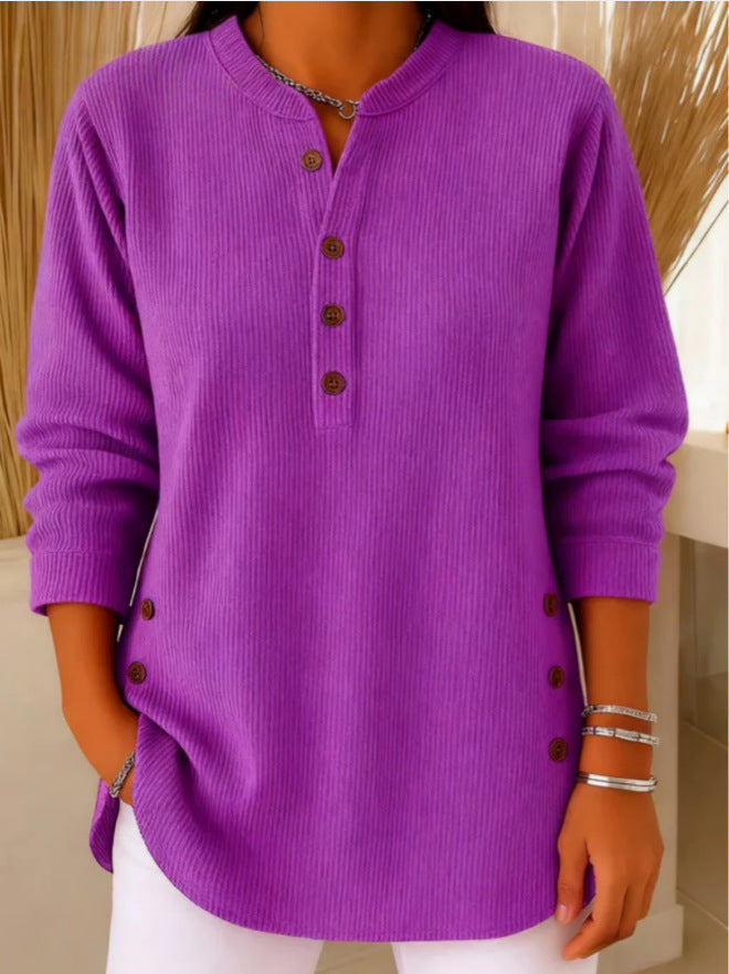 Women's Ribbed Tunic Top Henley Neckline Side Button Detail Casual Everyday