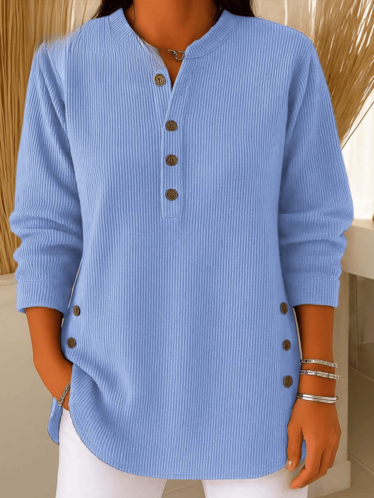 Women's Ribbed Tunic Top Henley Neckline Side Button Detail Casual Everyday
