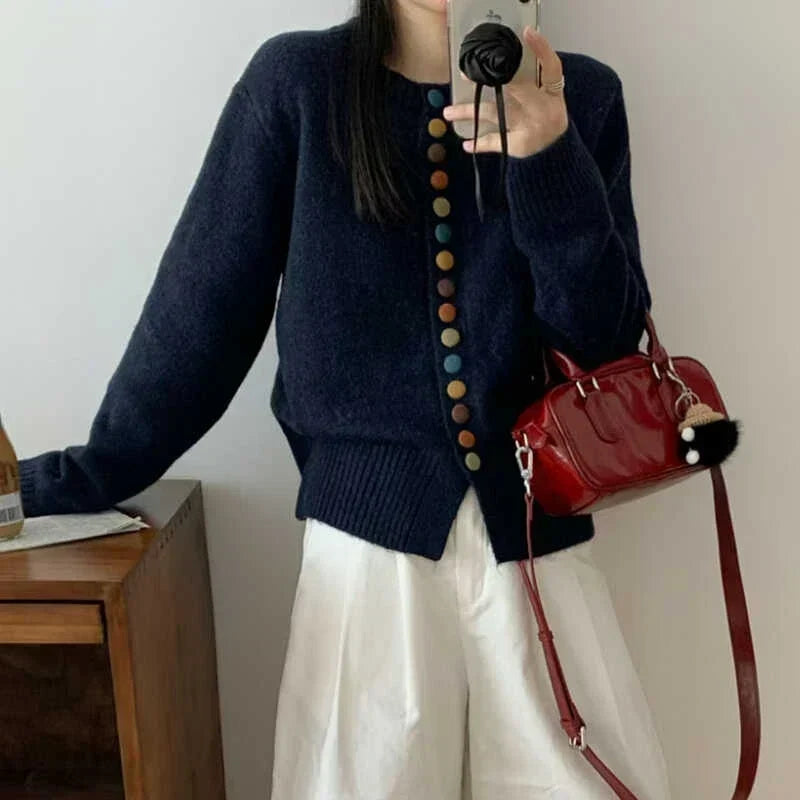 Women's Button Front Cardigan Long Sleeve Crew Neck Curved Hem Casual