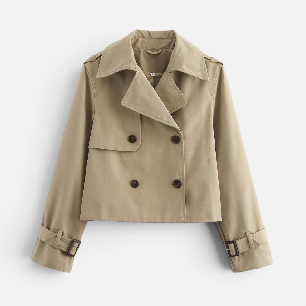 Women's Cropped Trench Jacket Notch Lapel Long Sleeve Double Breasted Belted Style