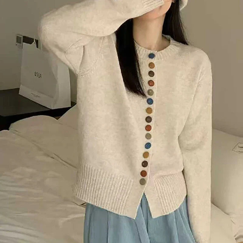 Women's Button Front Cardigan Long Sleeve Crew Neck Curved Hem Casual