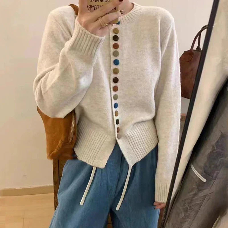 Women's Button Front Cardigan Long Sleeve Crew Neck Curved Hem Casual