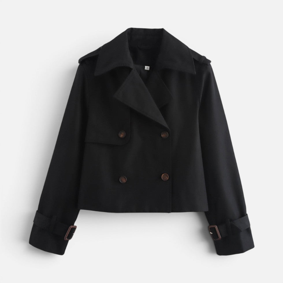 Women's Cropped Trench Jacket Notch Lapel Long Sleeve Double Breasted Belted Style