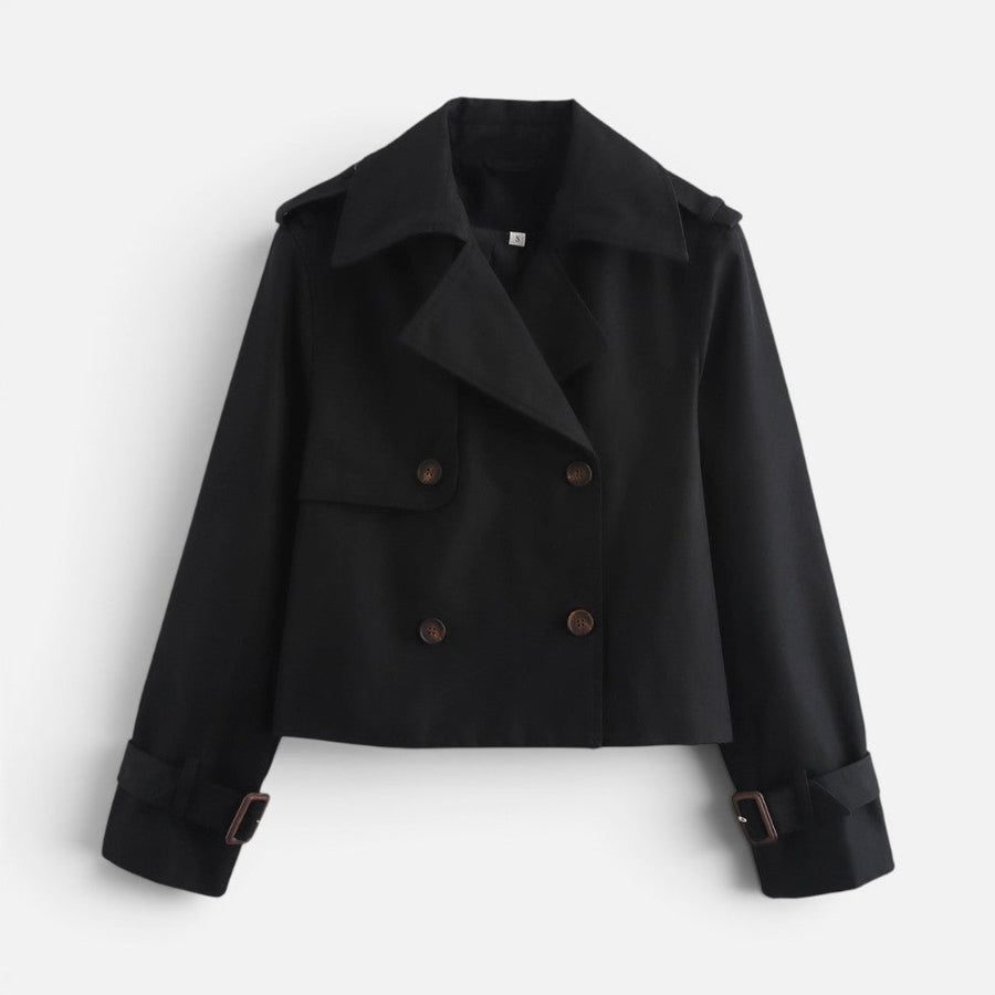 Women's Cropped Trench Jacket Notch Lapel Long Sleeve Double Breasted Belted Style