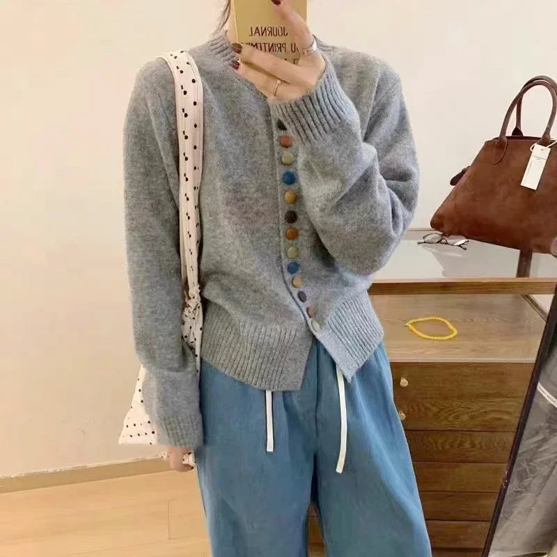 Women's Button Front Cardigan Long Sleeve Crew Neck Curved Hem Casual