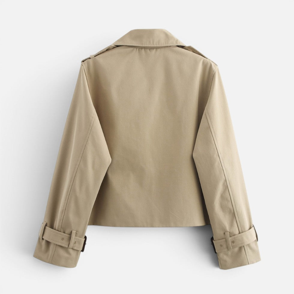 Women's Cropped Trench Jacket Notch Lapel Long Sleeve Double Breasted Belted Style