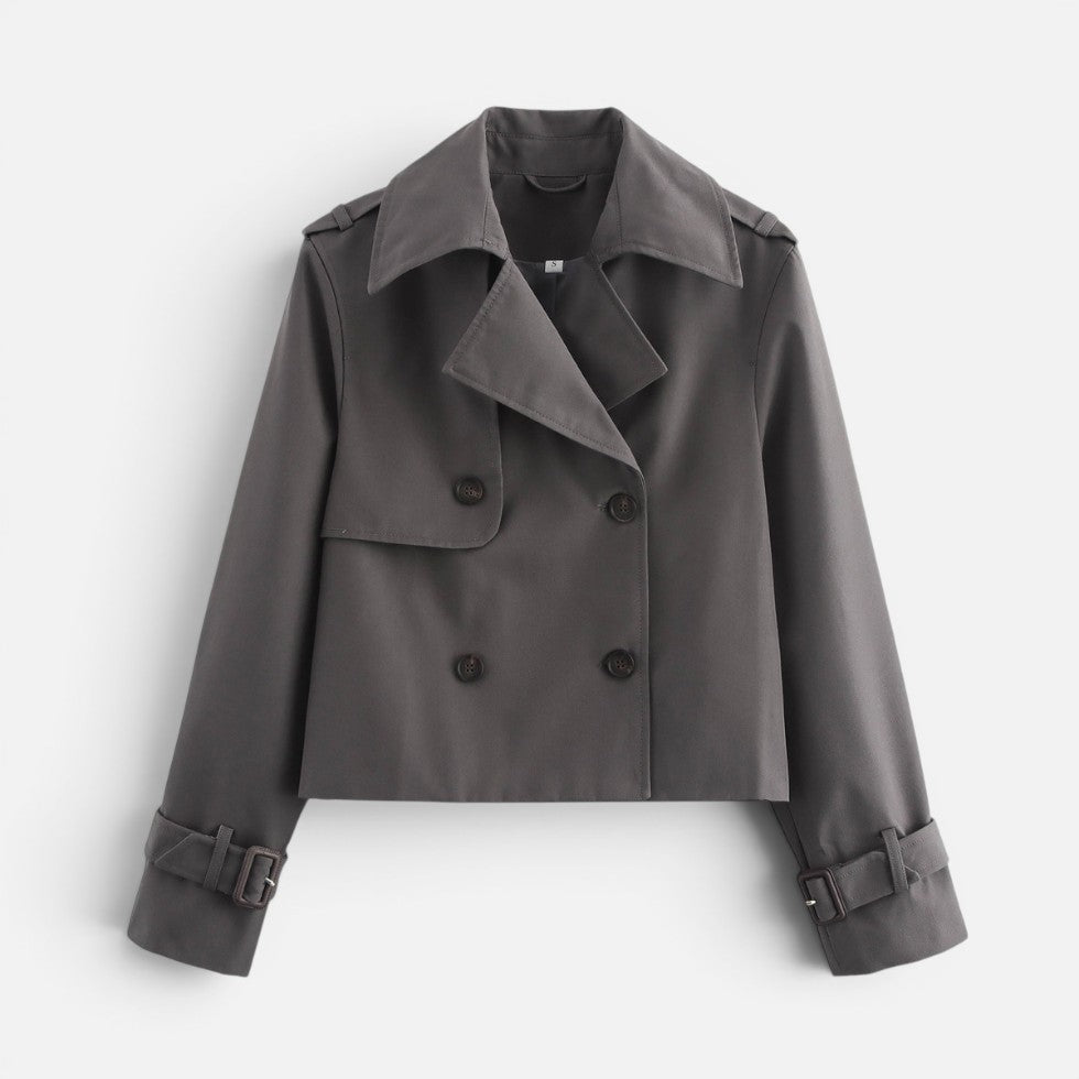 Women's Cropped Trench Jacket Notch Lapel Long Sleeve Double Breasted Belted Style