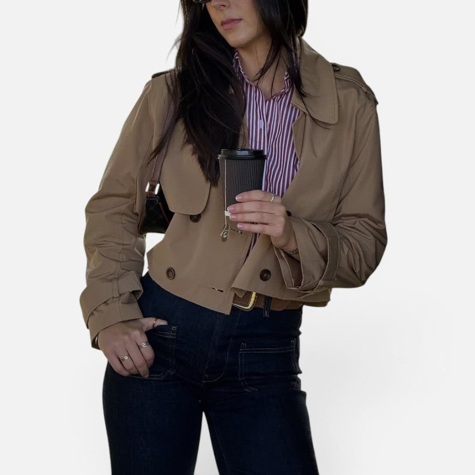 Women's Cropped Trench Jacket Notch Lapel Long Sleeve Double Breasted Belted Style
