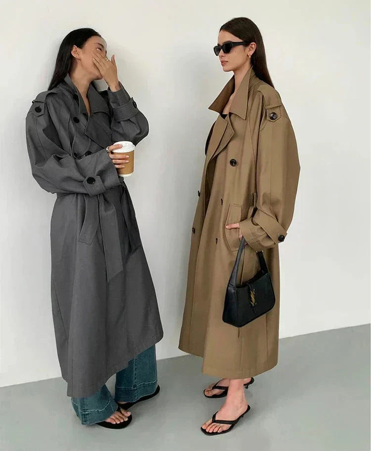 Women's Oversized Trench Coat Double-Breasted Long Sleeve Classic Stylish Outerwear