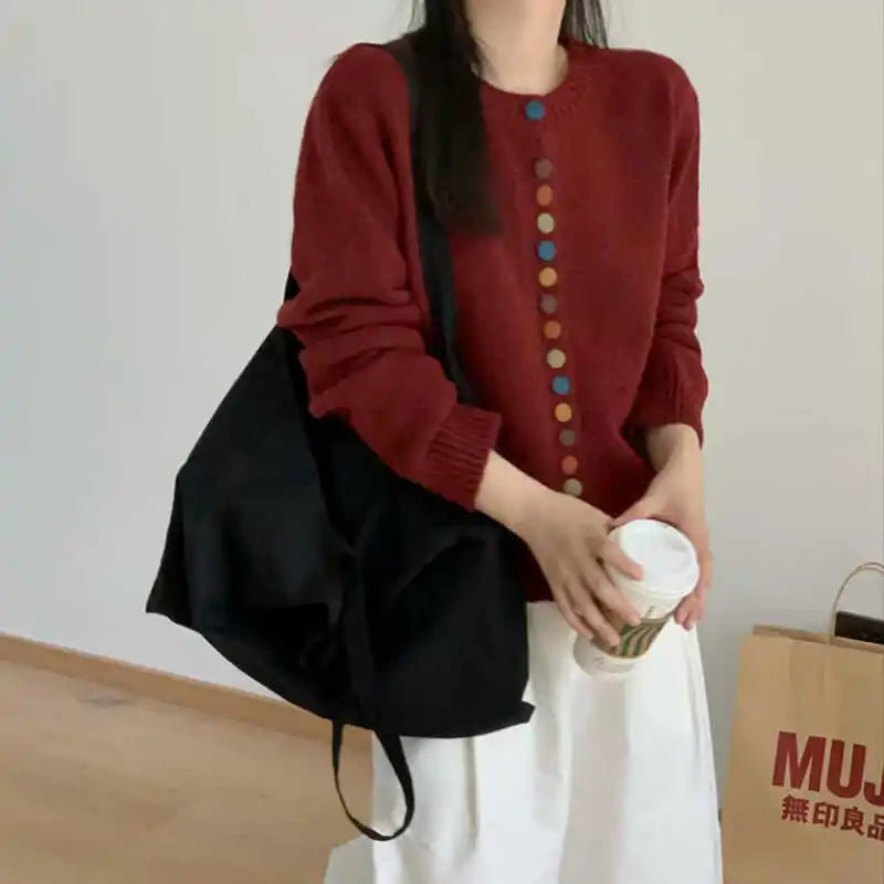 Women's Button Front Cardigan Long Sleeve Crew Neck Curved Hem Casual