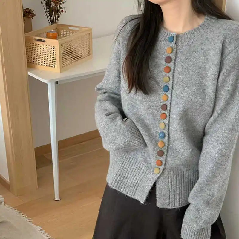 Women's Button Front Cardigan Long Sleeve Crew Neck Curved Hem Casual