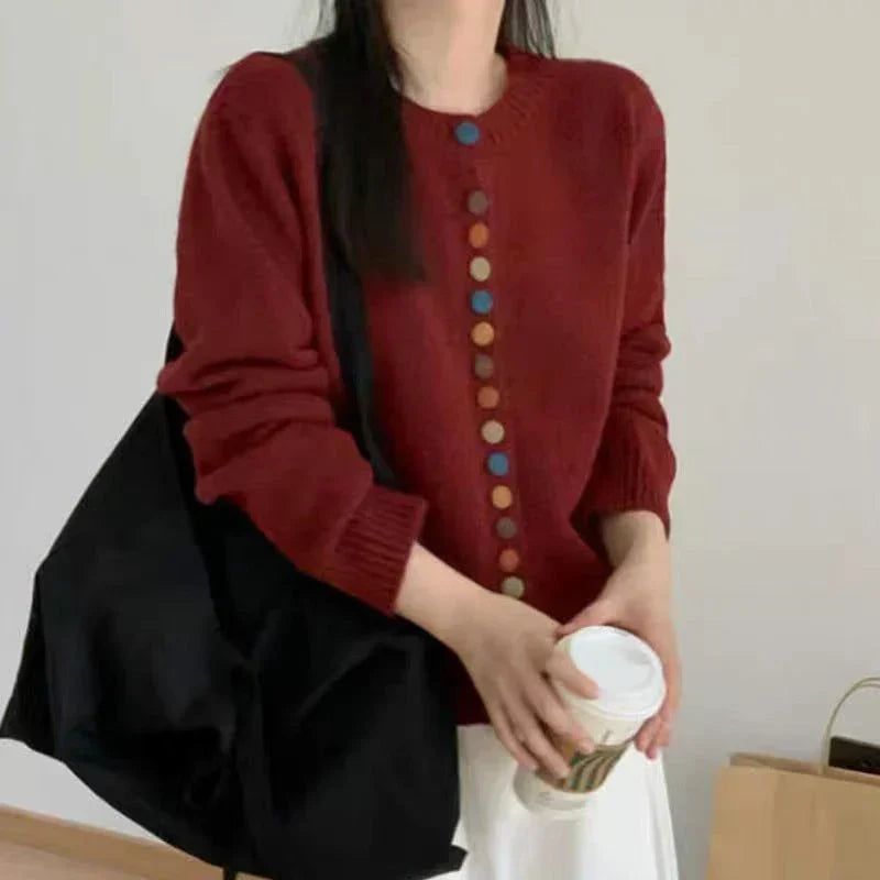 Women's Button Front Cardigan Long Sleeve Crew Neck Curved Hem Casual