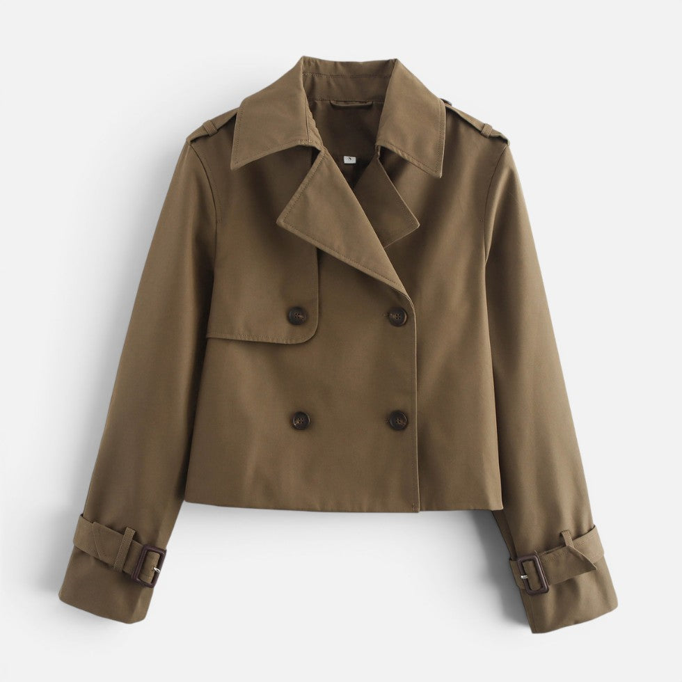 Women's Cropped Trench Jacket Notch Lapel Long Sleeve Double Breasted Belted Style