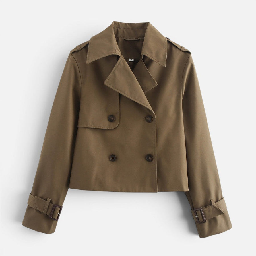 Women's Cropped Trench Jacket Notch Lapel Long Sleeve Double Breasted Belted Style