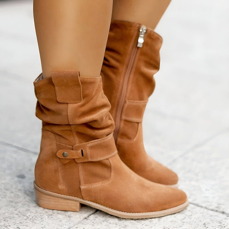 Women's Slouchy Mid-Calf Boots Block Heel Stylish Strap Detail Casual
