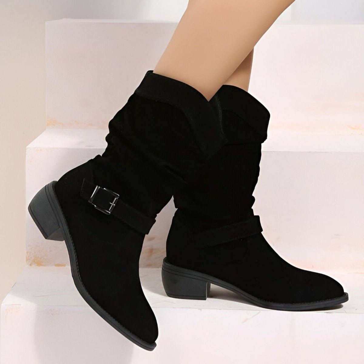 Women's Slouchy Mid-Calf Boots Block Heel Stylish Strap Detail Casual