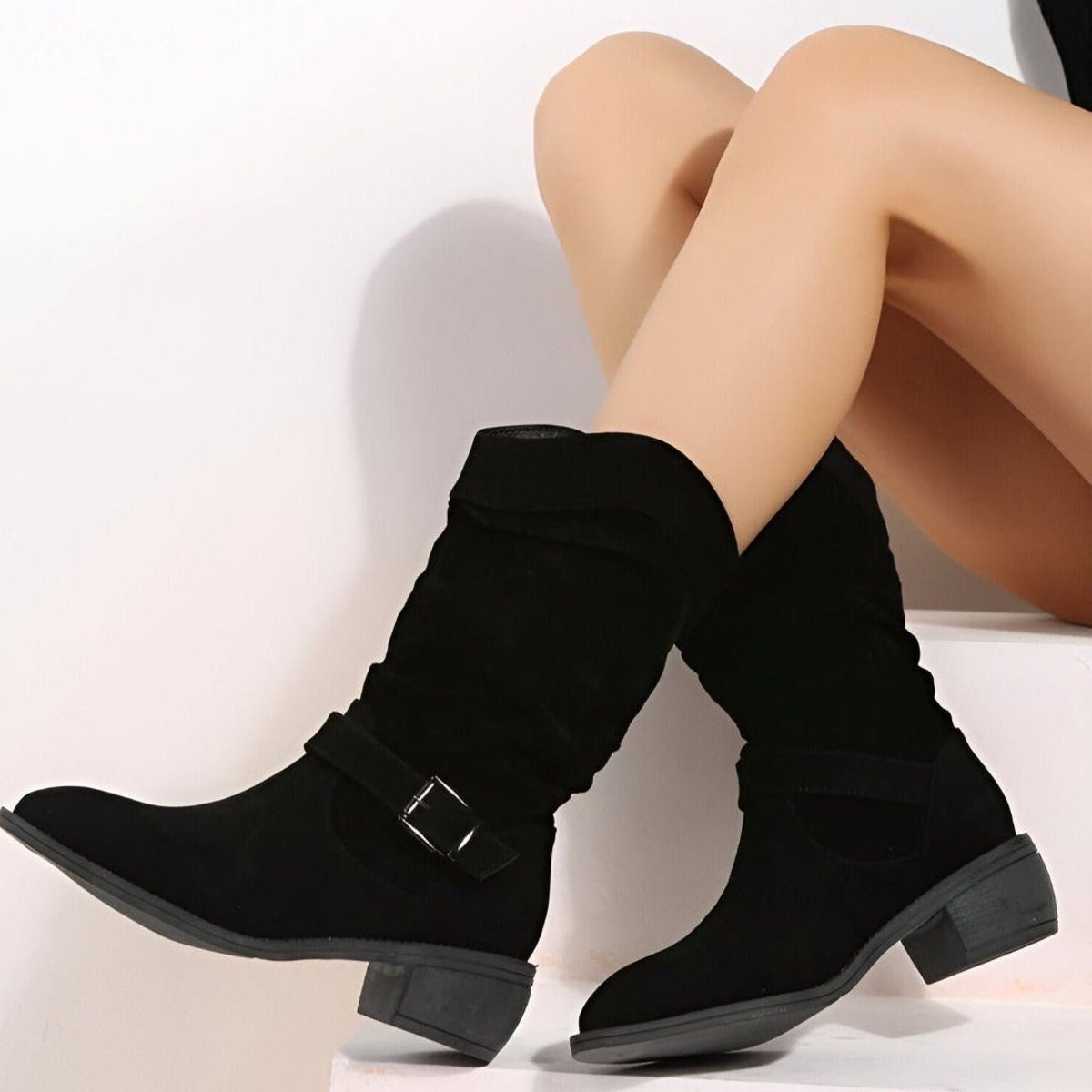 Women's Slouchy Mid-Calf Boots Block Heel Stylish Strap Detail Casual