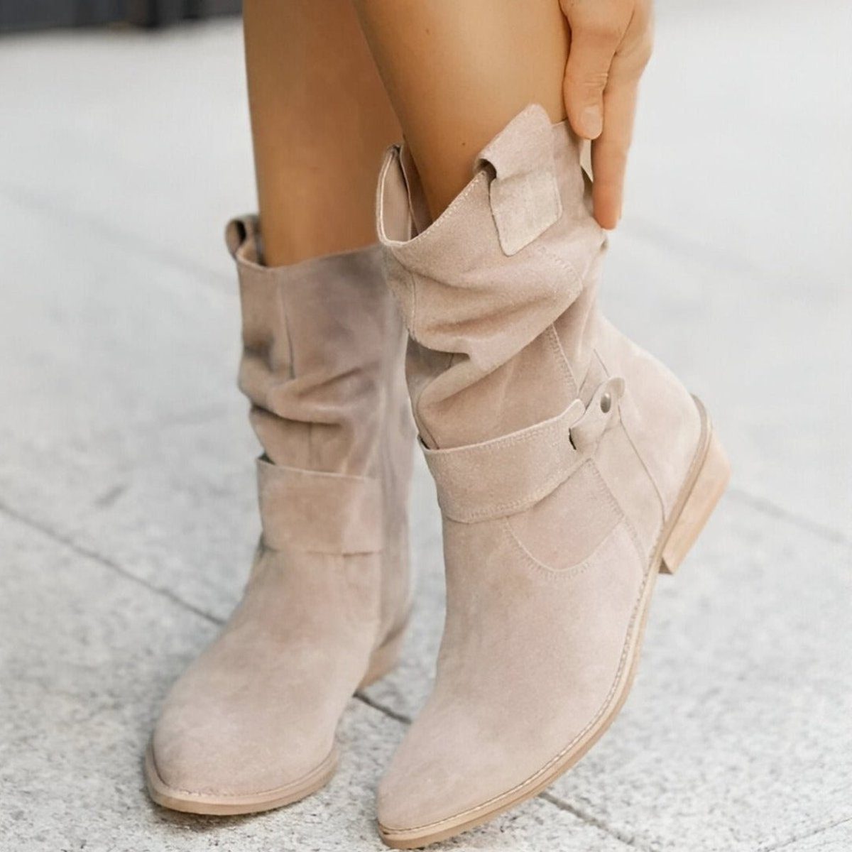 Women's Slouchy Mid-Calf Boots Block Heel Stylish Strap Detail Casual
