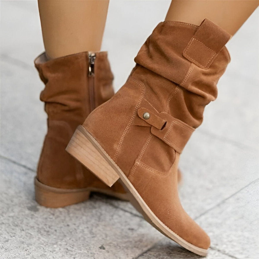 Women's Slouchy Mid-Calf Boots Block Heel Stylish Strap Detail Casual