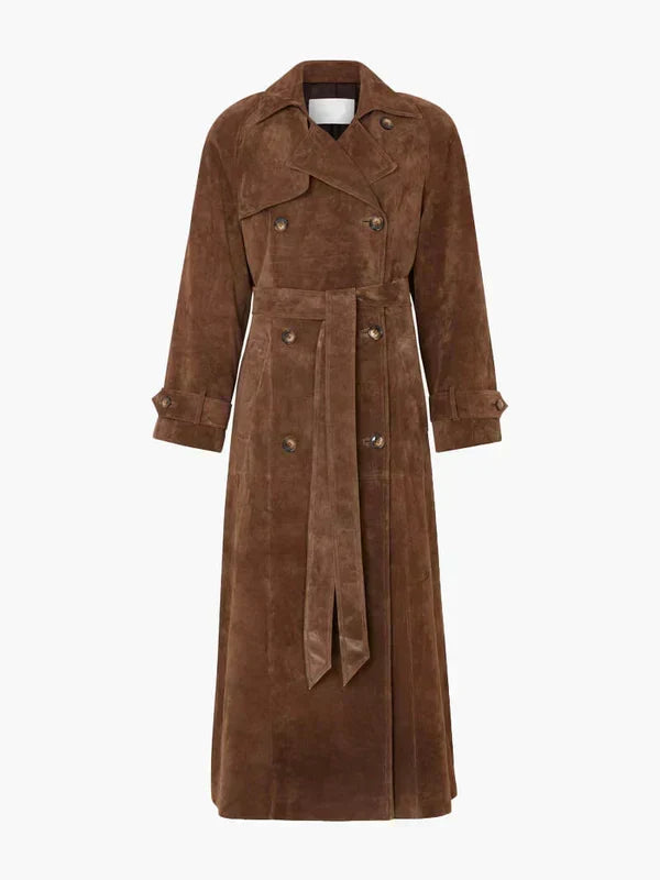 Women's Elegant Suede Trench Coat Long Sleeve Notched Collar Double-Breasted Stylish Outerwear
