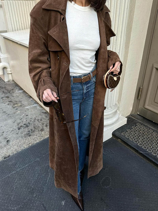 Women's Elegant Suede Trench Coat Long Sleeve Notched Collar Double-Breasted Stylish Outerwear