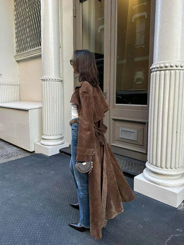 Women's Elegant Suede Trench Coat Long Sleeve Notched Collar Double-Breasted Stylish Outerwear