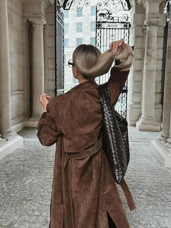 Women's Elegant Suede Trench Coat Long Sleeve Notched Collar Double-Breasted Stylish Outerwear