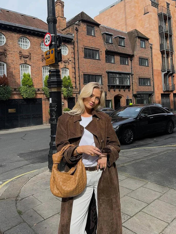 Women's Elegant Suede Trench Coat Long Sleeve Notched Collar Double-Breasted Stylish Outerwear