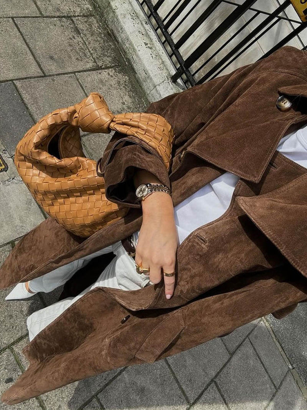 Women's Elegant Suede Trench Coat Long Sleeve Notched Collar Double-Breasted Stylish Outerwear