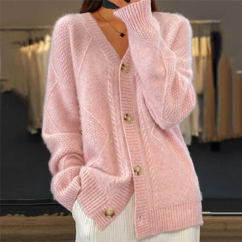 Women's Oversized Cable Knit Cardigan V-Neck Long Sleeve Button Front Relaxed Style