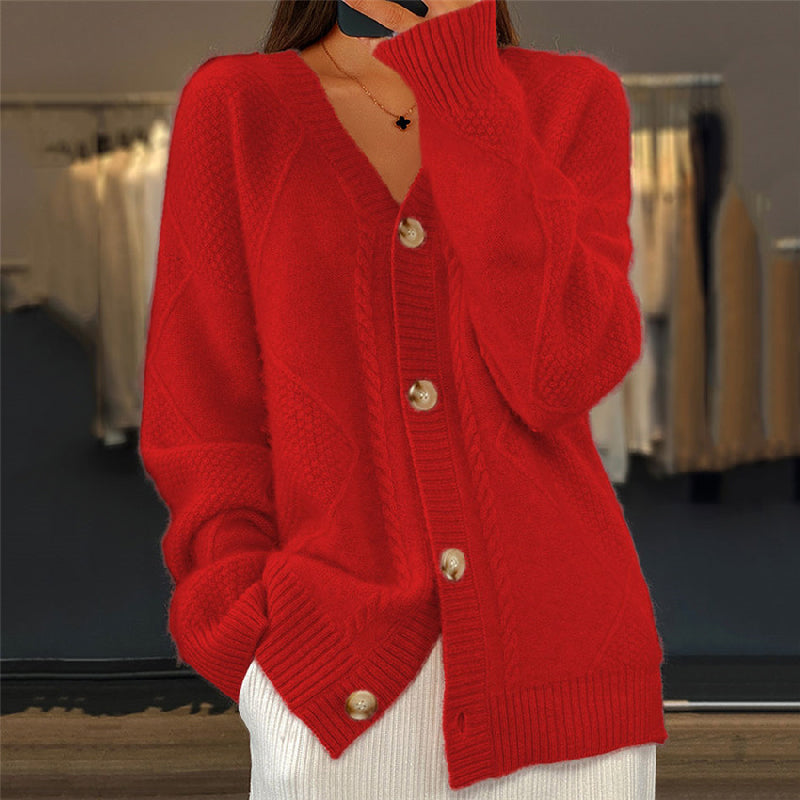 Women's Oversized Cable Knit Cardigan V-Neck Long Sleeve Button Front Relaxed Style