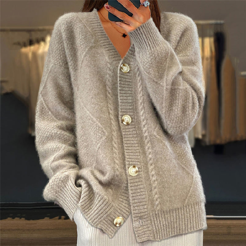 Women's Oversized Cable Knit Cardigan V-Neck Long Sleeve Button Front Relaxed Style