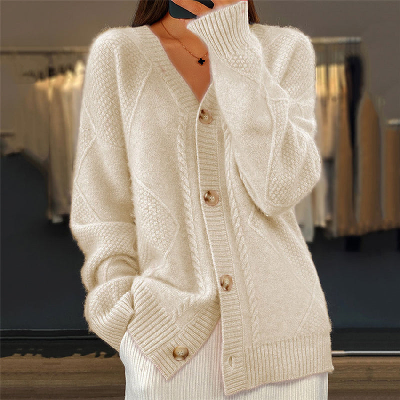 Women's Oversized Cable Knit Cardigan V-Neck Long Sleeve Button Front Relaxed Style