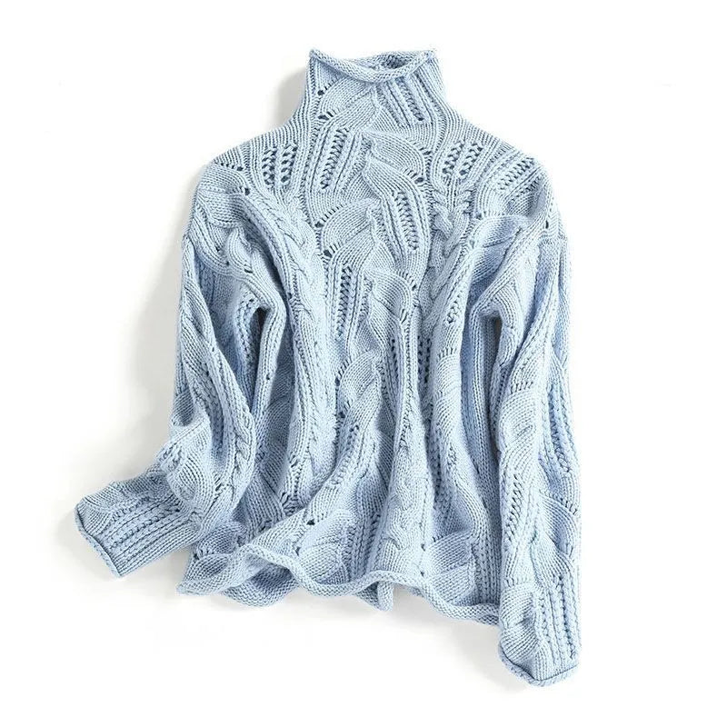 Women's Turtleneck Sweater Long Sleeve Pointelle Knit Cozy Casual