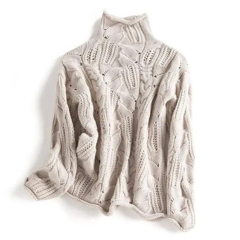 Women's Turtleneck Sweater Long Sleeve Pointelle Knit Cozy Casual