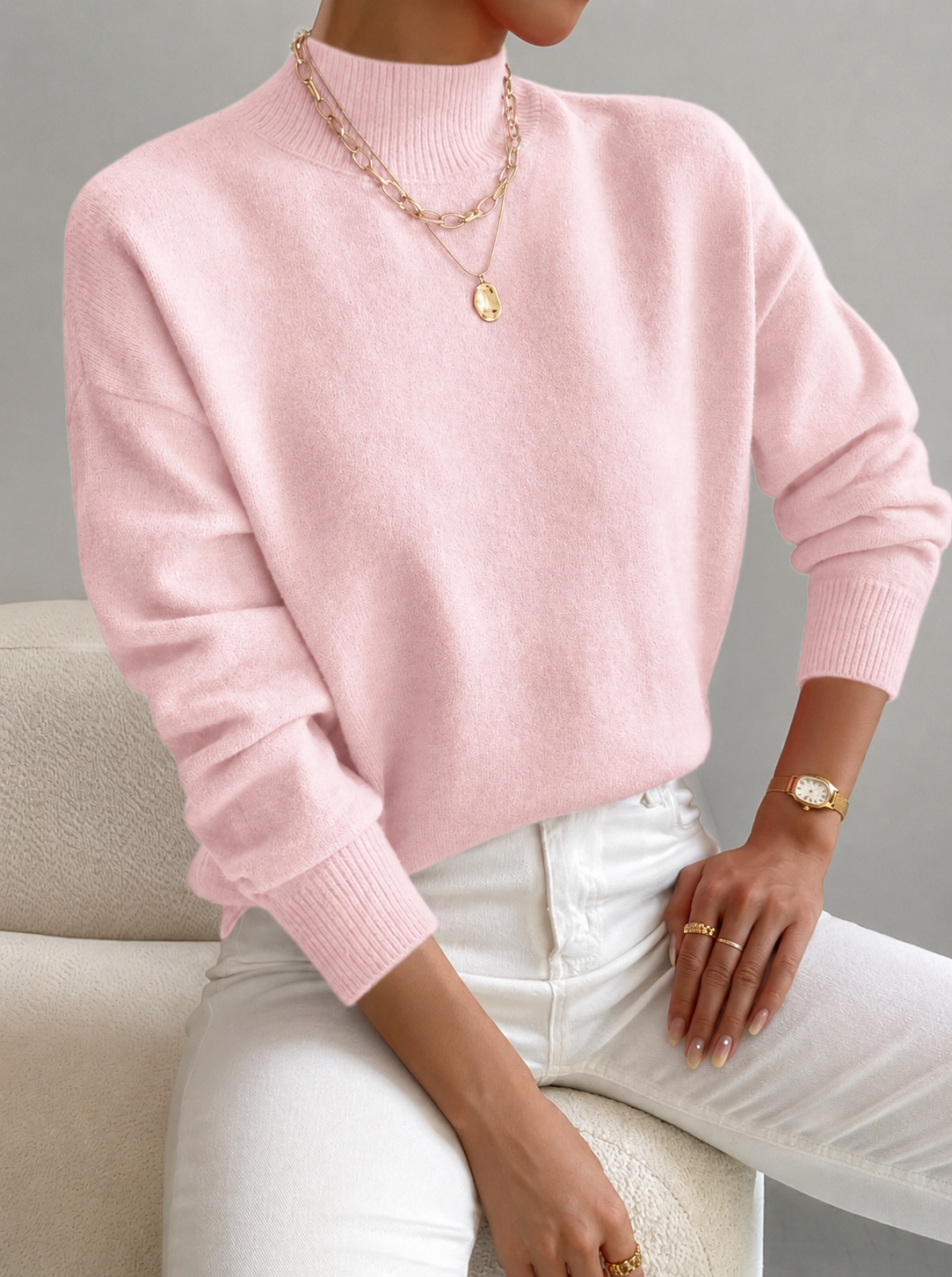 Women's Cozy Mock Neck Sweater Ribbed Cuffs Casual Layering Everyday