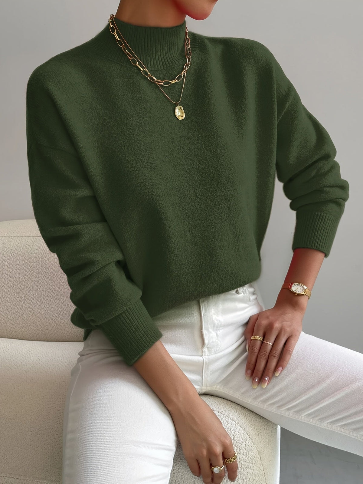 Women's Cozy Mock Neck Sweater Ribbed Cuffs Casual Layering Everyday
