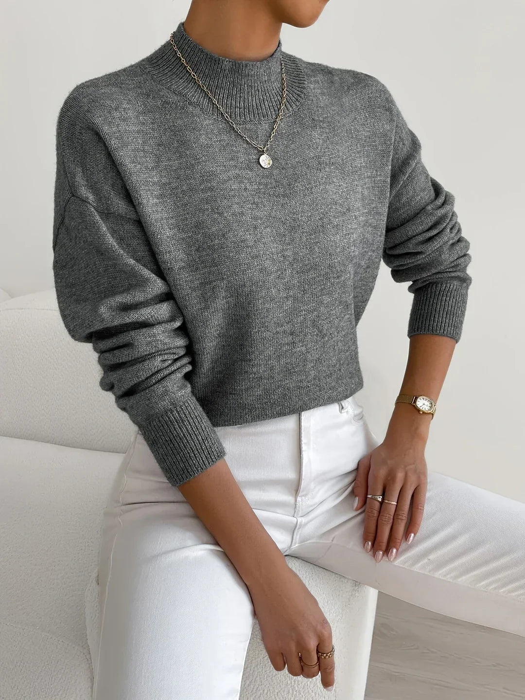 Women's Cozy Mock Neck Sweater Ribbed Cuffs Casual Layering Everyday