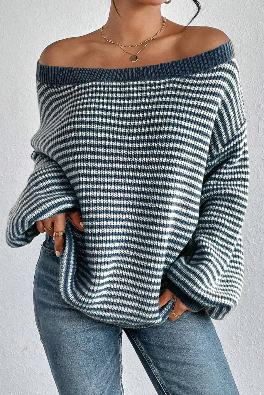 Women's Knit Sweater Off-Shoulder Voluminous Sleeves Cozy Casual