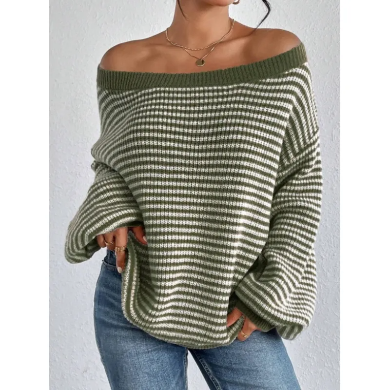 Women's Knit Sweater Off-Shoulder Voluminous Sleeves Cozy Casual