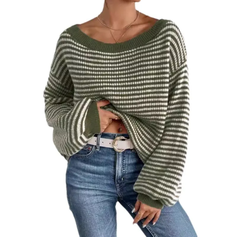 Women's Knit Sweater Off-Shoulder Voluminous Sleeves Cozy Casual