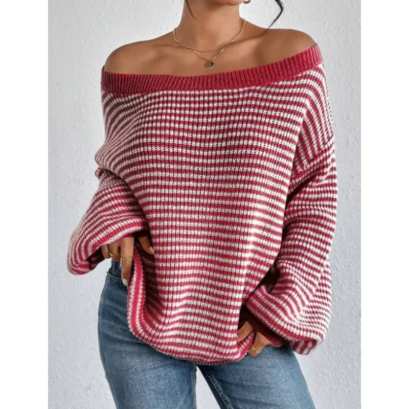 Women's Knit Sweater Off-Shoulder Voluminous Sleeves Cozy Casual