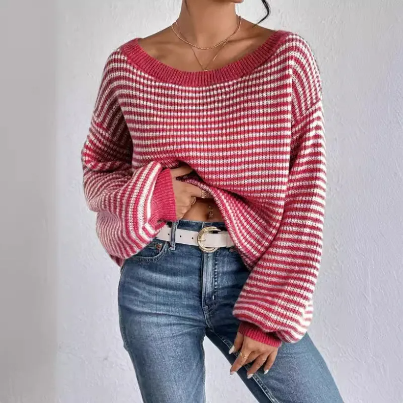 Women's Knit Sweater Off-Shoulder Voluminous Sleeves Cozy Casual