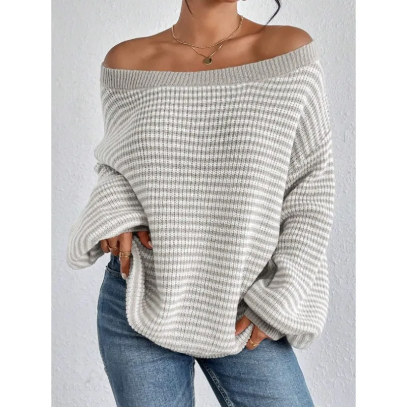 Women's Knit Sweater Off-Shoulder Voluminous Sleeves Cozy Casual
