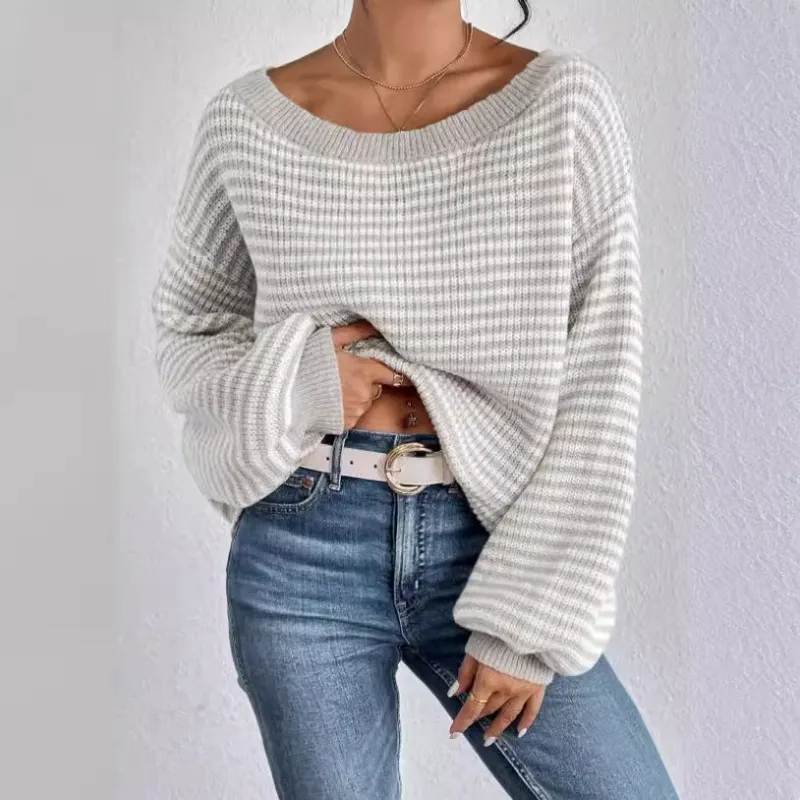 Women's Knit Sweater Off-Shoulder Voluminous Sleeves Cozy Casual