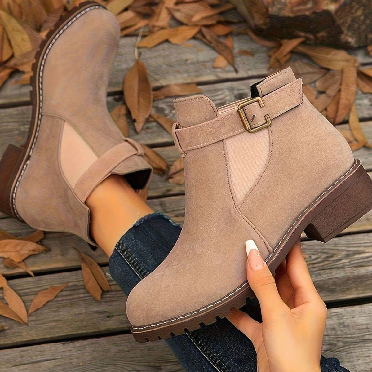 Women's Suede Ankle Boots Block Heel Buckle Strap Stylish Everyday Wear