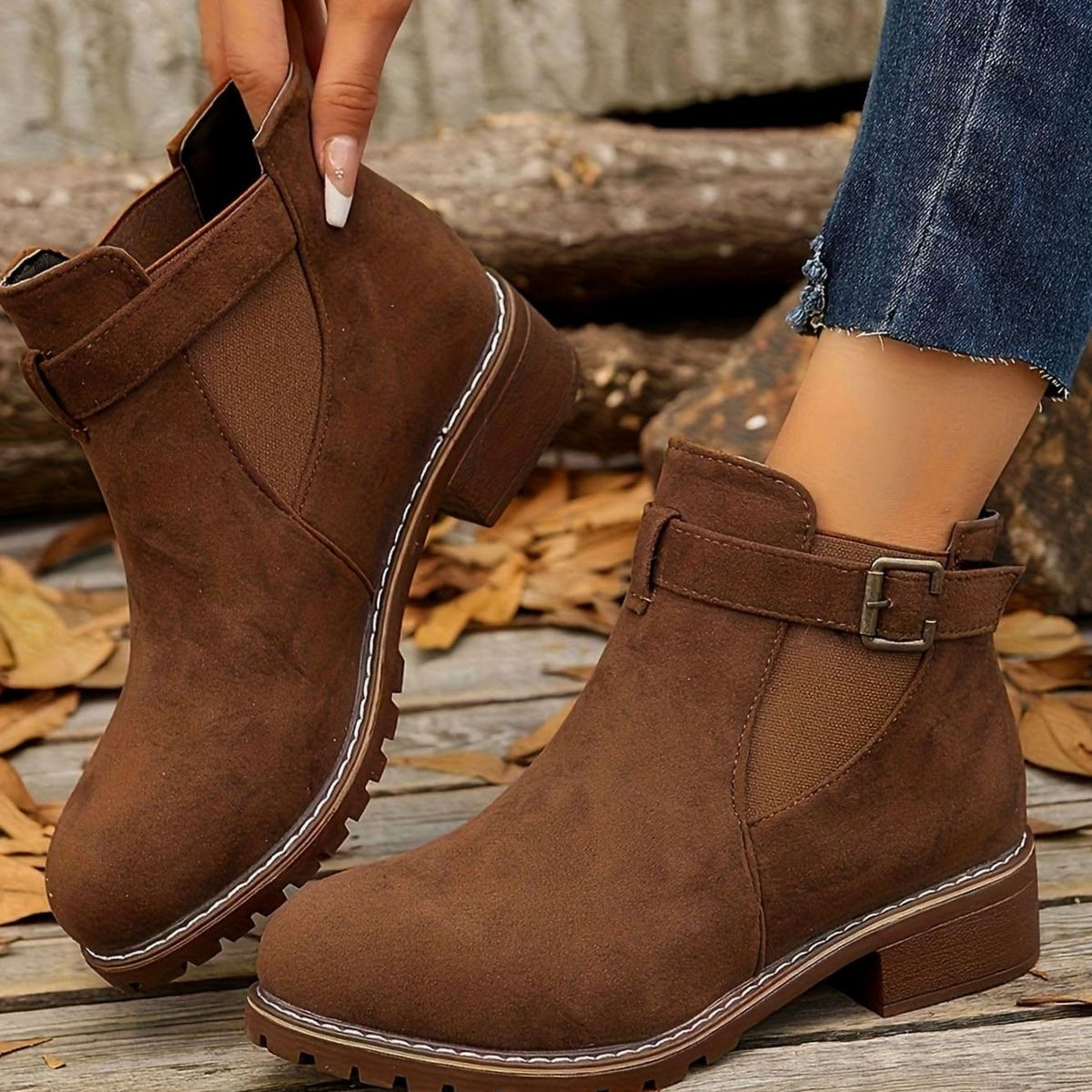 Women's Suede Ankle Boots Block Heel Buckle Strap Stylish Everyday Wear